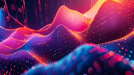 Fototapete - Abstract colorful background with waves and glowing particles Big data visualization 3d rendering futuristic digital background Technology concept
