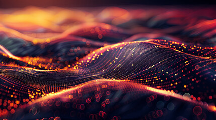 Fototapete - Abstract digital landscape with flowing particles glowing dots big data visualization dark background cyber technology concept