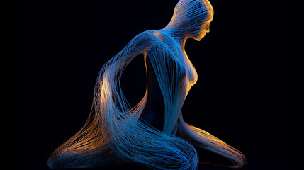 Poster - Abstract figure made of blue and orange threads on a black background art artificial intelligence machine learning neural network digital sculpture modern art