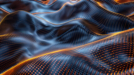 Fototapete - Abstract digital landscape futuristic data network dark background orange dots waves lines cyberspace flow connection technology internet communication artificial intelligence big data