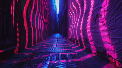 Fototapete - Dark urban alley with neon lights cyberpunk nightlife synthwave retro futuristic street art