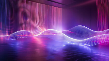 Fototapete - Abstract background futuristic purple blue neon lights glowing wave lines dark room sci fi virtual reality cyberpunk style laser show nightclub stage fashion design retro modern technology