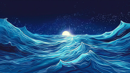 Wall Mural - night seascape ocean waves moonlight night sky stars abstract art background wallpaper illustration 