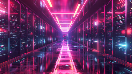 Fototapete - Dark server room network digital information technology internet online world concept data center storage futuristic glowing neon purple pink server racks
