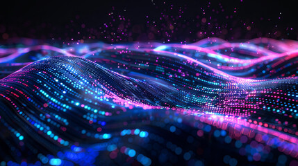 Fototapete - Abstract digital wave background with flowing particles cyber or technology background with glowing dots big data visualization