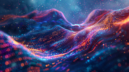 Poster - Abstract digital landscape with flowing particles cyber technology background big data visualization with particle flow