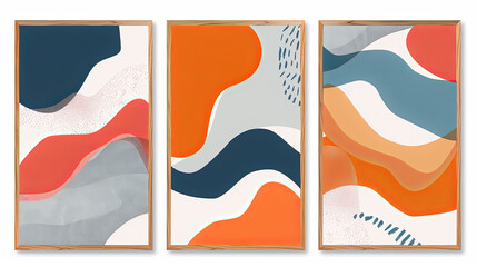 Aufkleber - Three abstract art prints in wooden frame minimalist wall art decoration home decor orange blue gray color palette modern wall art