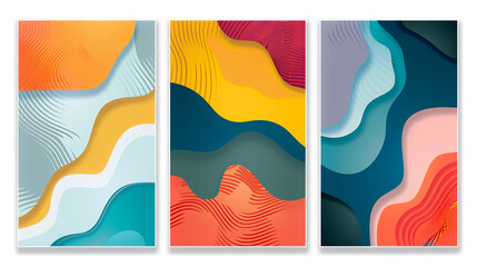 Poster - Three abstract backgrounds colorful liquid shapes modern design fluid colors wavy background modern art paper cut style elegant smooth gradient colors vibrant background trendy colors