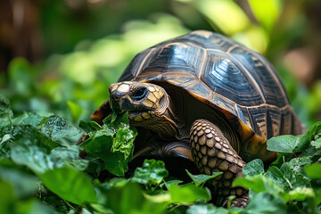 A tortoise eating leaves in a lush green garden.