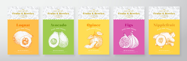 Wall Mural - fruits and berries pattern label templates set. vector packaging design layout collection. modern ty