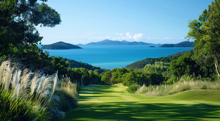 A golf course with green lawns surrounded by a forest overlooking the blue sea and the islands.