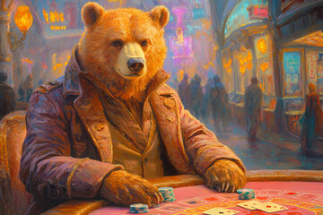 Animal Bear plays poker blackjack in a casino, fantasy