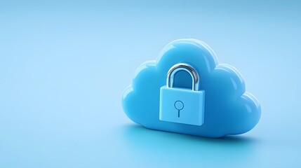 Poster - Blue cloud icon with a secure padlock representing data security, privacy, and cloud storage. Blue background.