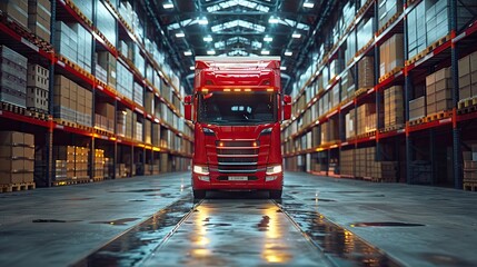 Wall Mural - Global Logistics and Distribution - Red Freight Truck in Digital Warehouse