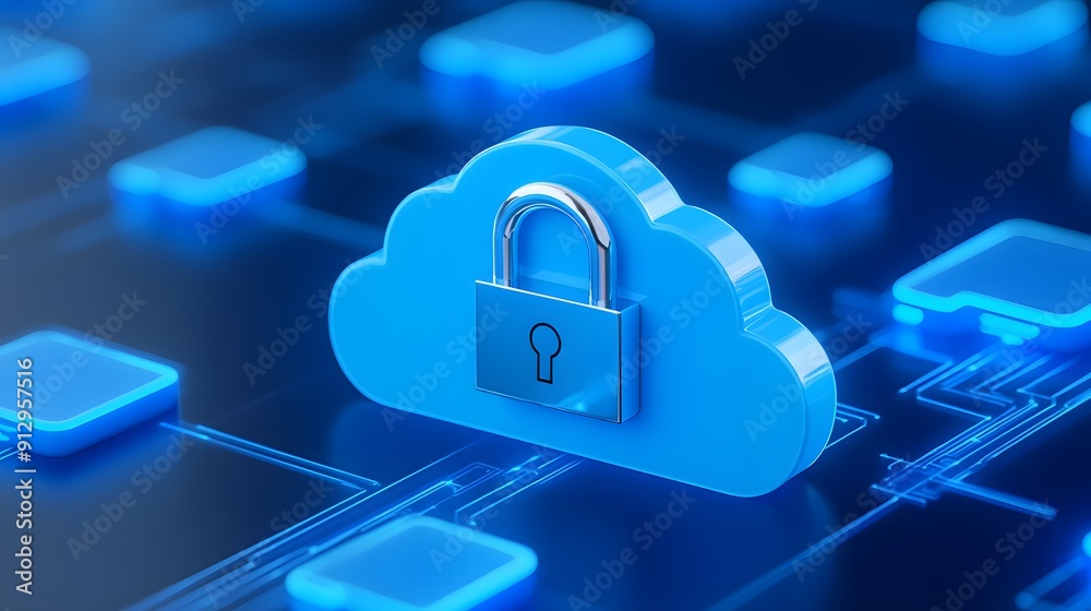 Blue cloud with a lock icon representing cloud security and data ...
