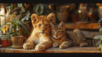 little lion cub with cat . generative ai