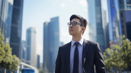 In an elegant suit, a Chinese man confidently strides down a city street, with modern buildings in the background, exuding professionalism and confidence