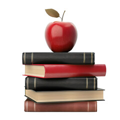Poster - red apple resting on a stack of books symbolizing education and knowledge on white background