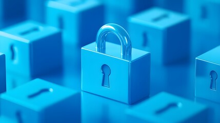 Poster - Blue padlock among smaller blocks symbolizing security and data protection in a digital environment.