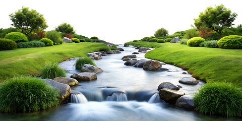 Flowing river of bluegrass mimicking water movement through a serene garden setting, providing a calming visual flow, isolated on white background.PNG AI GENERATED