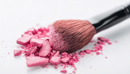 Make-up brush with crushed pink eyeshadow on white background. Female cosmetics and beauty