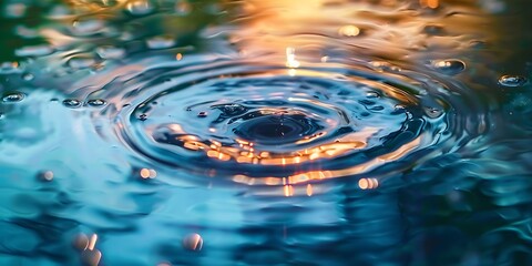 Circles on water from a raindrop. Ripples on puddle, surface of river, lake, sea. Beginning start of rain, drop drips closeup. Aesthetics of nature, beauty in details close up. Green trees reflection.