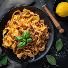 Wall Mural - Pasta with Bolognese Sauce, Basil, and Lemon