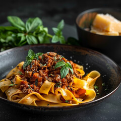 Poster - Pappardelle Pasta with Bolognese Sauce and Fresh Basil