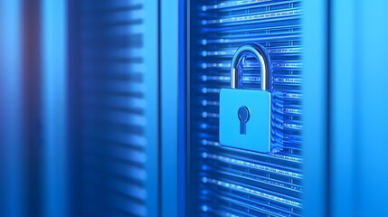 Close-up of a blue lock on a server rack, representing data security and information protection in a modern digital environment.