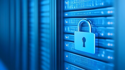 Poster - Close-up of a padlock securing server data, representing online security and protection in a data center environment.