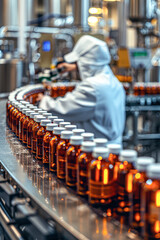 Poster - A worker in a white lab coat is filling bottles with a brown liquid