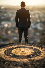 Poster - A man in a suit stands on a hill overlooking a city