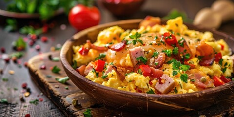 Wall Mural - Scrambled egg topped with pepper served with ham bacon sausage and home fries