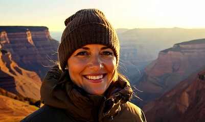 Wall Mural - Medium shot portrait video of a satisfied woman in her 30s that is wearing a warm parka against a mountain valley or canyon background