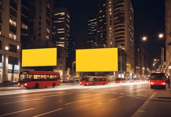 A large blank billboard in the middle of a busy city street at night, surrounded by tall buildings and traffic