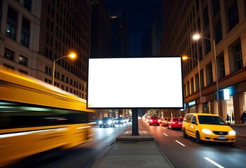 A large blank billboard in the middle of a busy city street at night, surrounded by tall buildings and traffic