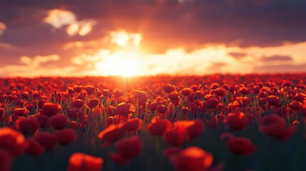 Sticker - Sunset glow over red poppy field 