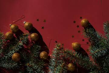Wall Mural - abstract red christmas and new year's background with christmas tree and red christmas balls.