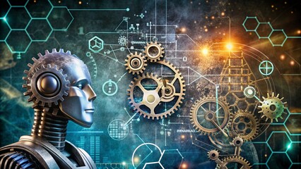 A robotic head with gears and a futuristic, digital background.