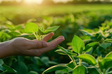 Wall Mural - Healthy Green Soybean Plants Grown in a Sunlit Field During Early Morning Hours