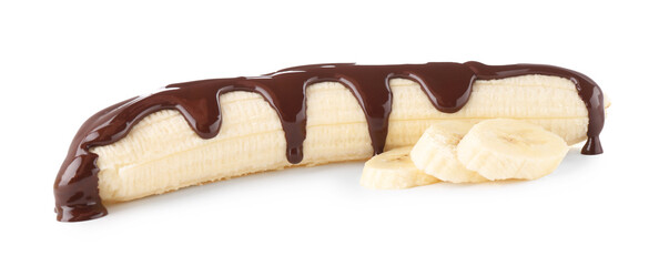 Poster - Fresh banana with melted chocolate isolated on white