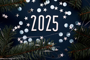 Wall Mural - new year 2025 blue background. number of the coming year in christmas decoration.