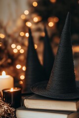 dark and moody Halloween themed setup. The scene includes two wicker witch hats, black twisted candles with gold bases, and some old books