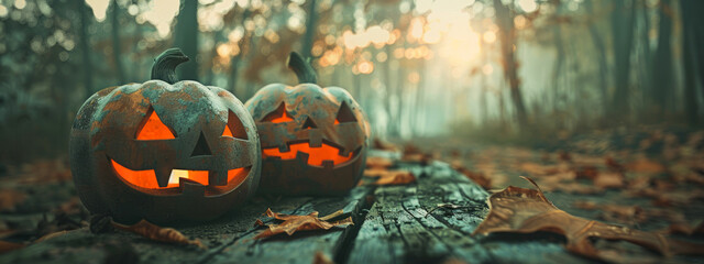 Halloween pumpkins in the forest. Halloween holiday concept. 3D Rendering.