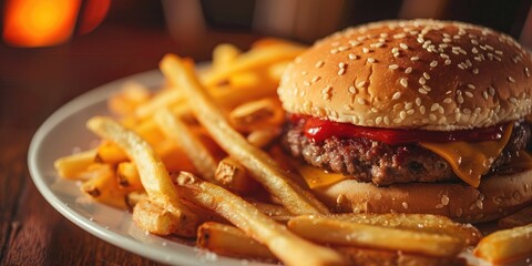 Sticker - Hamburger and French fries served on a plate