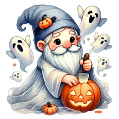 A cartoonish character with a pumpkin and a knife in his hand. The pumpkin is orange and the character is wearing a white robe