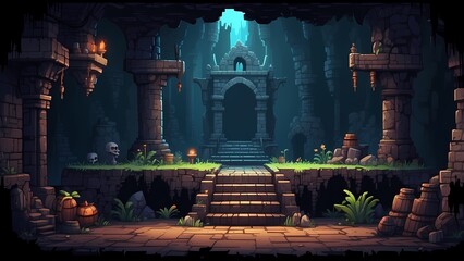 Game assets background RPG Gaming Battle Scene Underground Dungeon in Pixel 8bits 16bits 32 bits