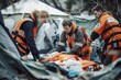 © DK_2020 - Rescue teams setting up a temporary medical station at the site of a natural disaster, providing first aid and medical care to injured survivors
