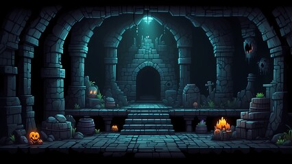 Game assets background RPG Gaming Battle Scene Underground Dungeon in Pixel 8bits 16bits 32 bits