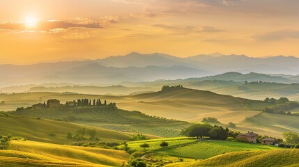  Golden Sunset Illuminating Rolling Hills of Tuscany With Vineyards and Scenic Countryside